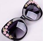 Cateye solbriller - deluxe - sort med blomster guld/lyserød